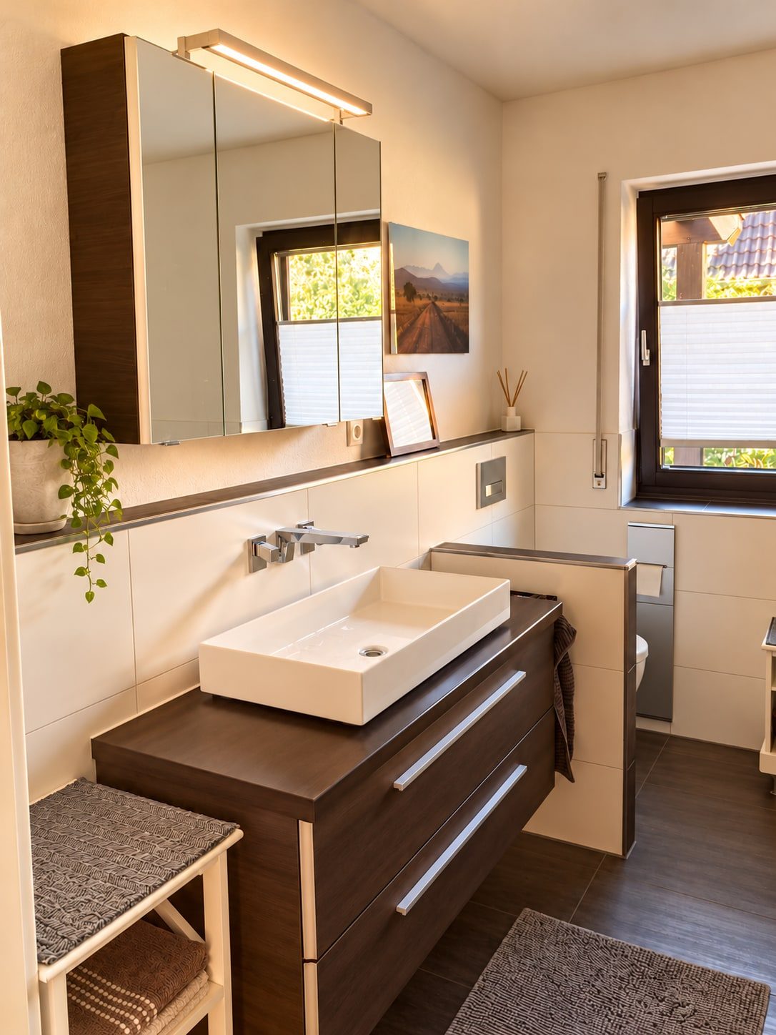 Modernes Badezimmer mit großem Waschtisch, Spiegelschrank und Fenster