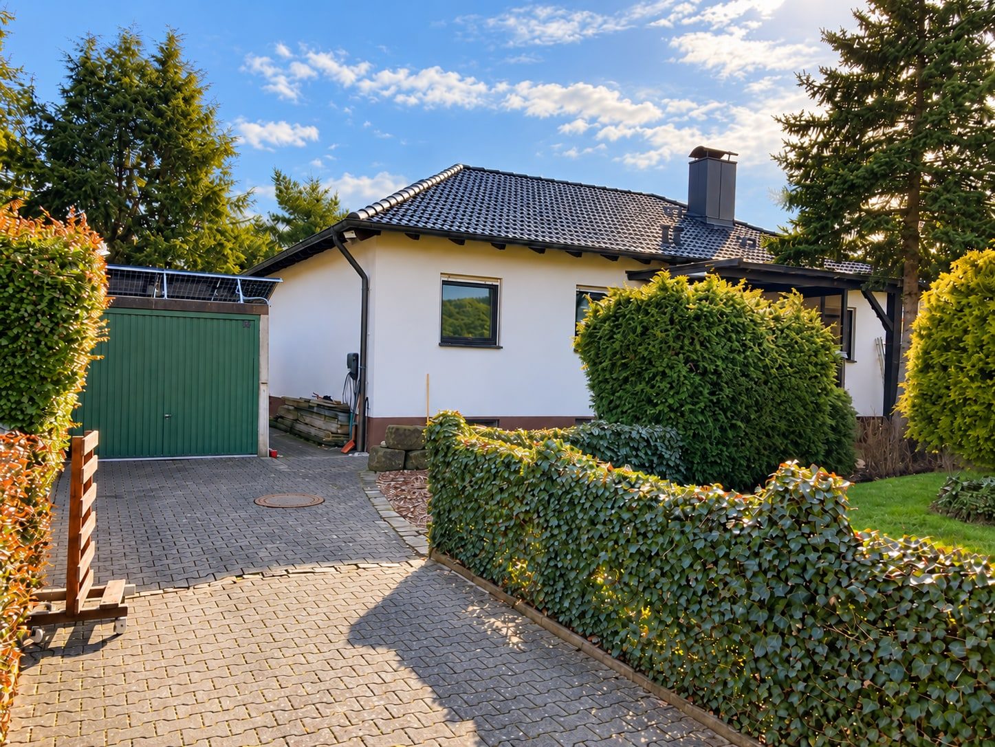 Einfamilienhaus mit Garten, Hecke und gepflasterter Einfahrt in Wendelstein-Sperberslohe